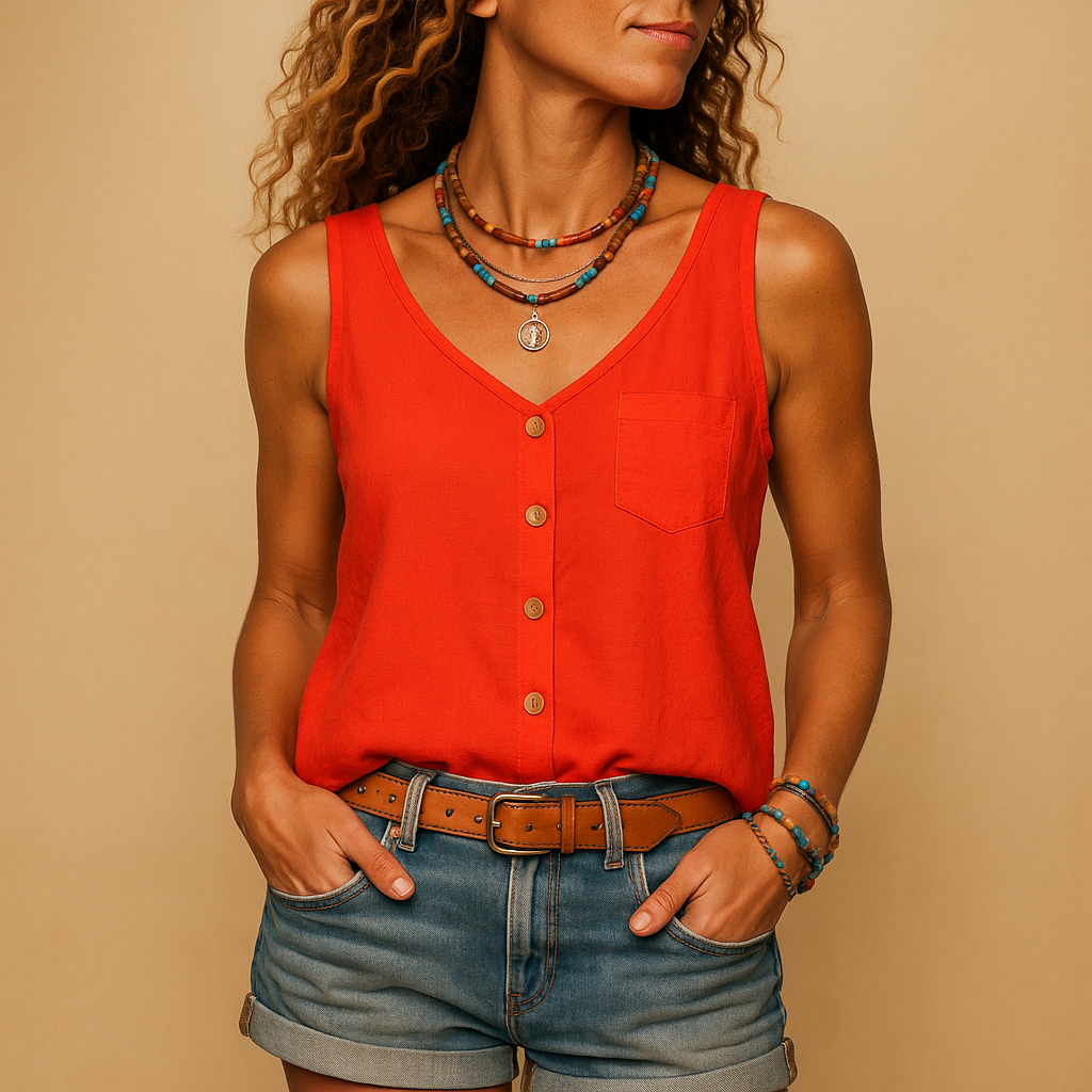 Luchtige mouwloze dames top met V-hals, losse pasvorm en levendige kleuren, perfect voor casual zomerse dagen.