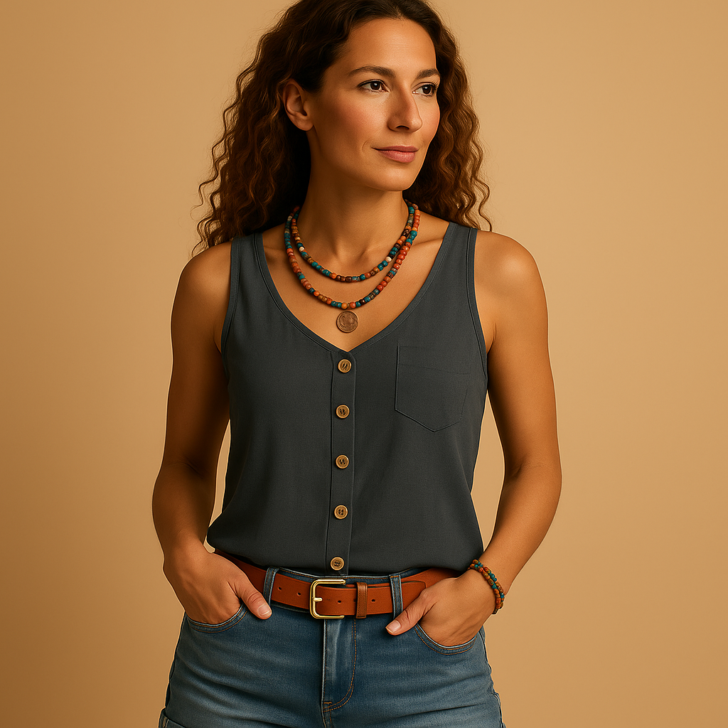 Luchtige mouwloze dames top met V-hals, losse pasvorm en levendige kleuren, perfect voor casual zomerse dagen.