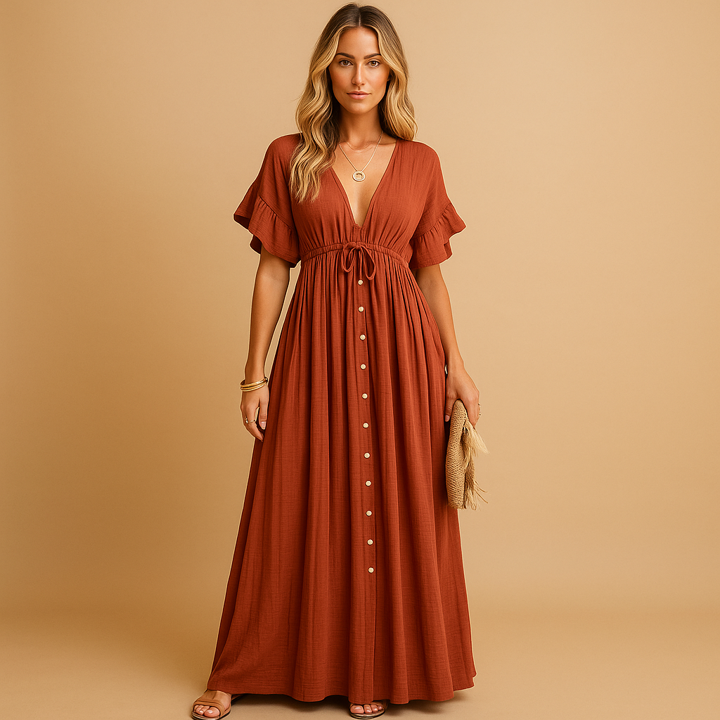 Oranje strandjurk voor dames van katoenmix, met los en ademend ontwerp, ideaal voor zomerse dagen aan zee of bij het zwembad.