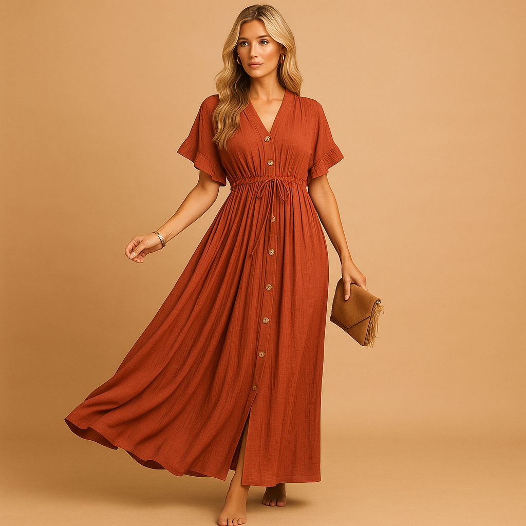 Oranje strandjurk voor dames van katoenmix, met los en ademend ontwerp, ideaal voor zomerse dagen aan zee of bij het zwembad.