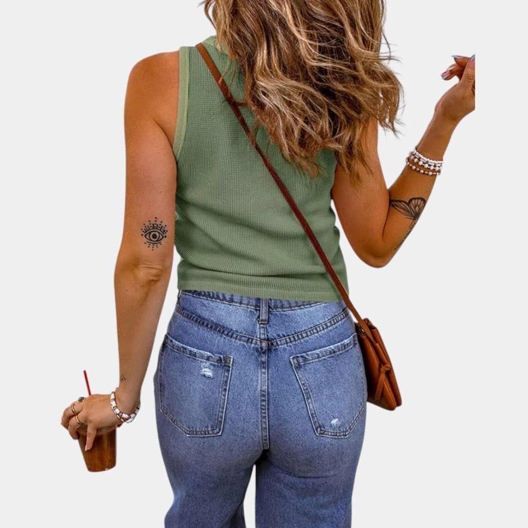 Dames tanktop van ademende katoenmix met U-hals en slanke pasvorm, perfect voor casual zomerse dagen