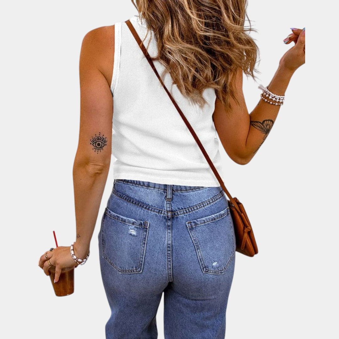 Dames tanktop van ademende katoenmix met U-hals en slanke pasvorm, perfect voor casual zomerse dagen