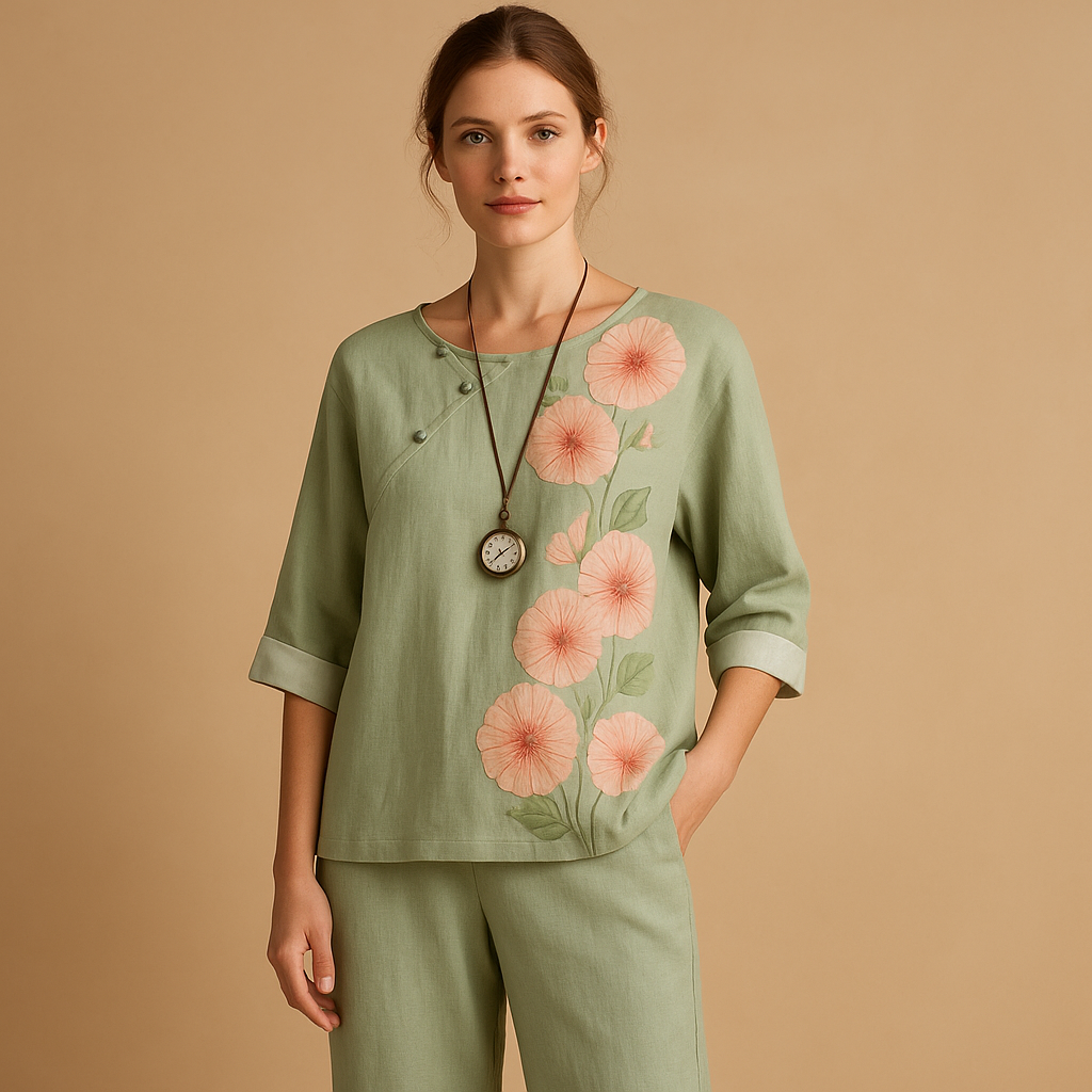 Tweedelige dames set met luchtige pasvorm en tijdloos ontwerp, ideaal voor de lente en zomer.