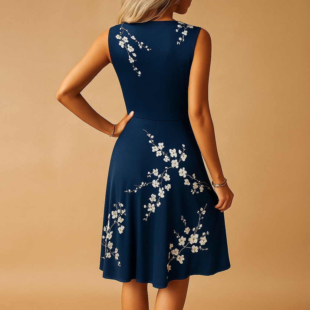 Luchtige zomerjurk voor dames met mouwloos design en knielange pasvorm, ideaal voor warme dagen, feestjes en vakanties.