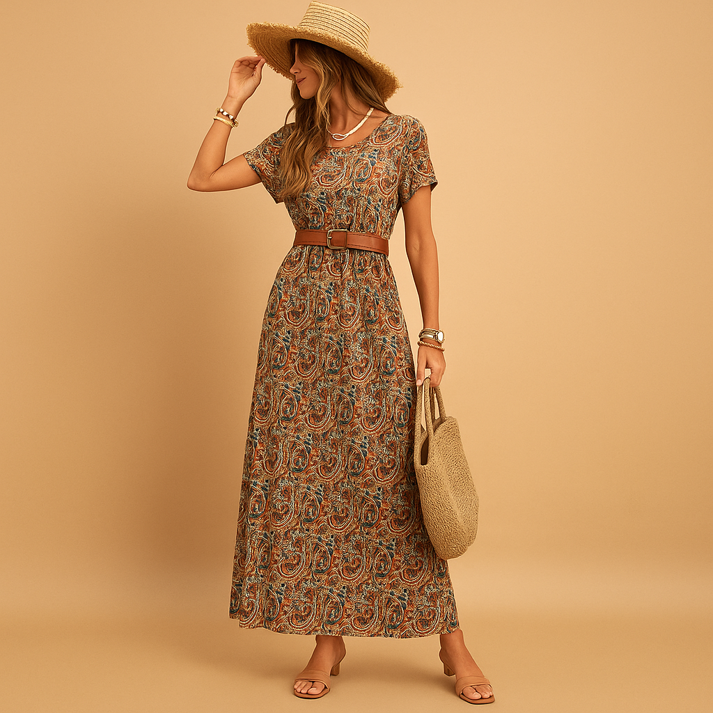 Stijlvolle dames maxi-jurk met V-hals, korte mouwen en riem in elastische taille, perfect voor werk, vakantie of feestelijke gelegenheden.