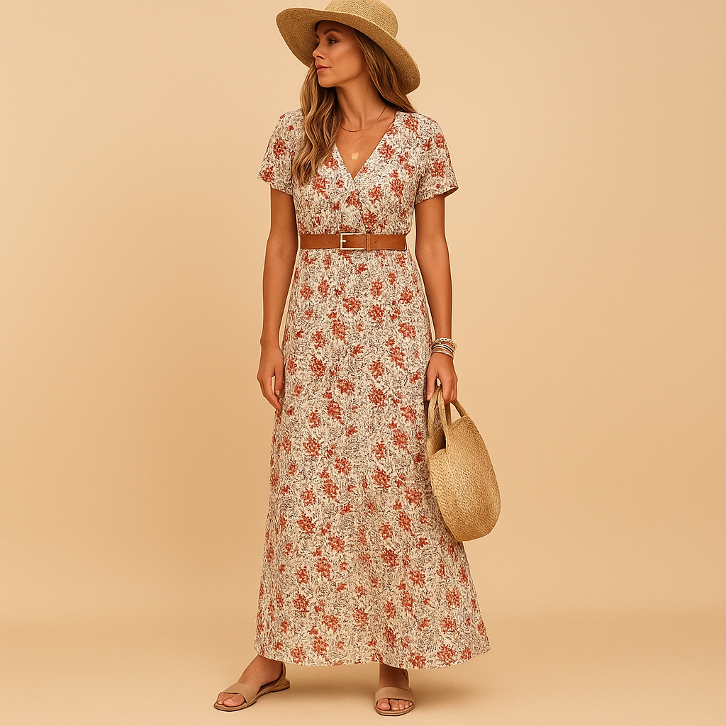 Stijlvolle dames maxi-jurk met V-hals, korte mouwen en riem in elastische taille, perfect voor werk, vakantie of feestelijke gelegenheden.