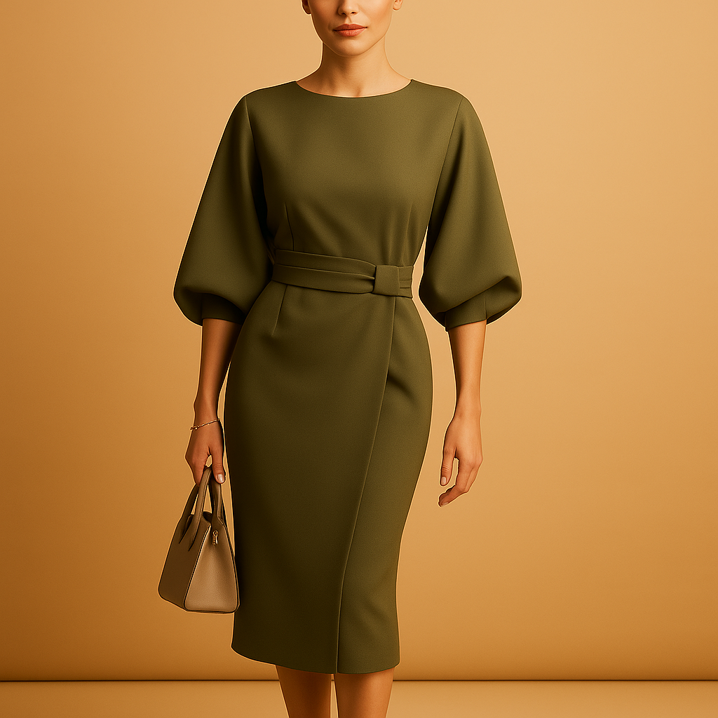 Midi-jurk voor dames met gestructureerde A-lijn, ceintuur en klokmouwen, ideaal voor formele en zakelijke gelegenheden.