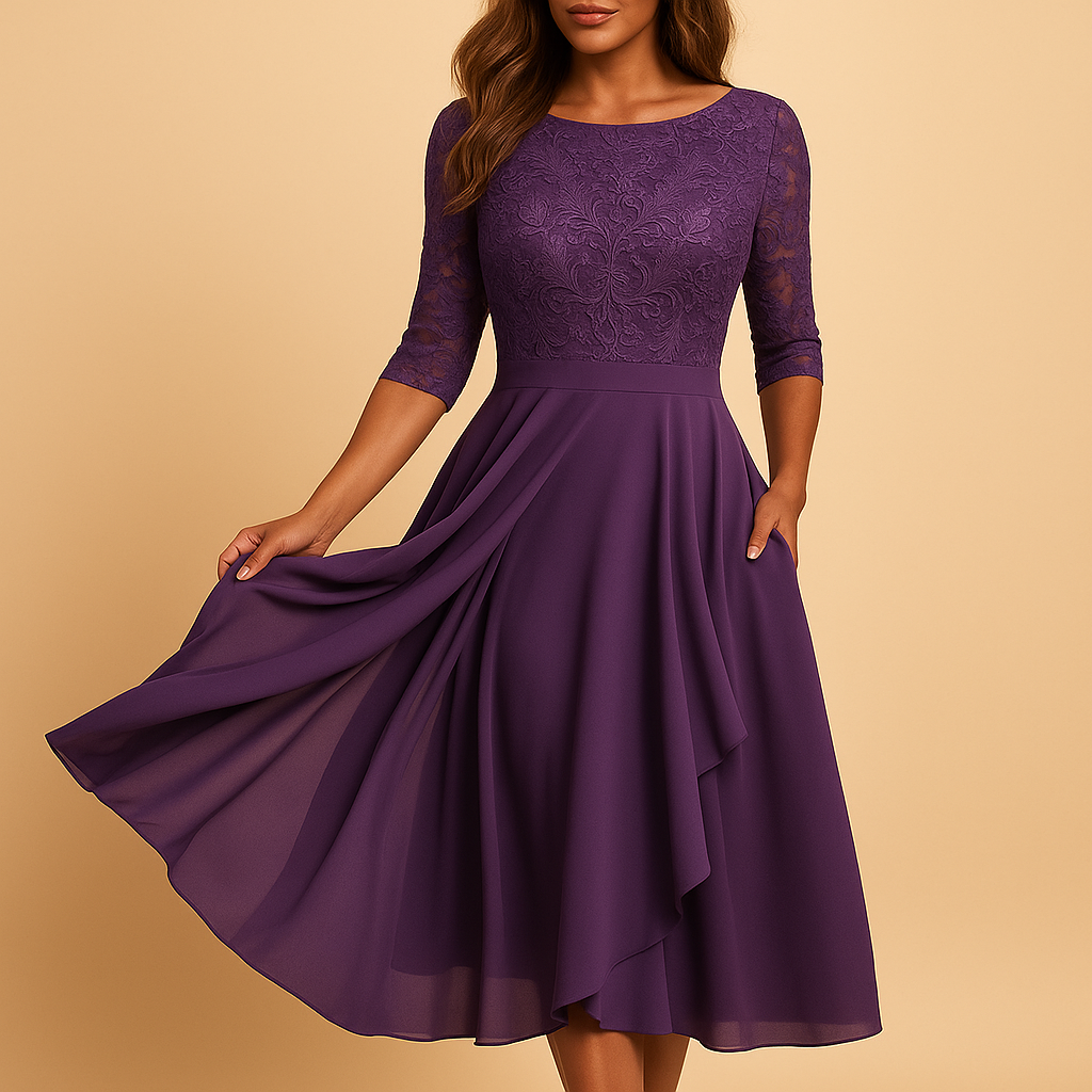 Midi-jurk voor dames met elegante kanten top, elbooglange mouwen en asymmetrische rok, ideaal voor feestelijke en stijlvolle gelegenheden.