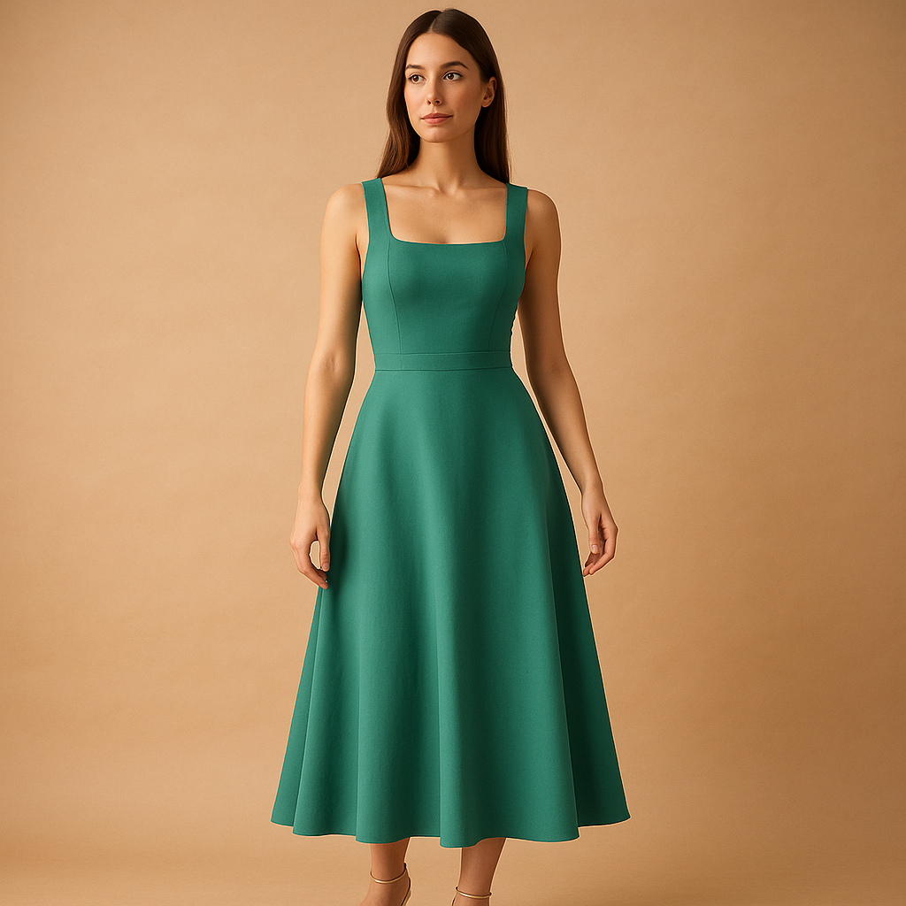 Dames midi-jurk met vierkante hals, brede bandjes en elastische tailleband, perfect voor zowel feestjes als casual momenten.