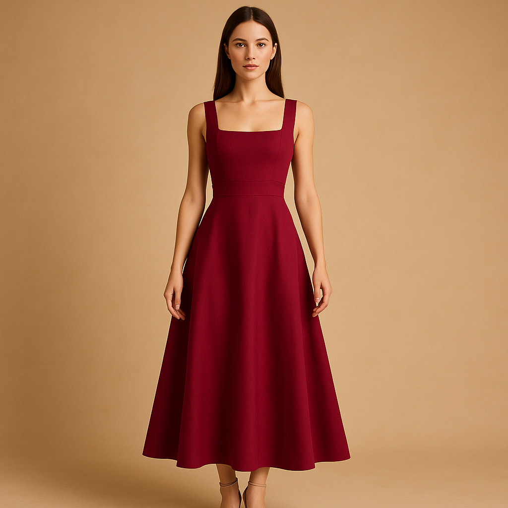 Dames midi-jurk met vierkante hals, brede bandjes en elastische tailleband, perfect voor zowel feestjes als casual momenten.