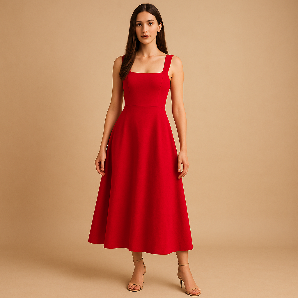 Dames midi-jurk met vierkante hals, brede bandjes en elastische tailleband, perfect voor zowel feestjes als casual momenten.