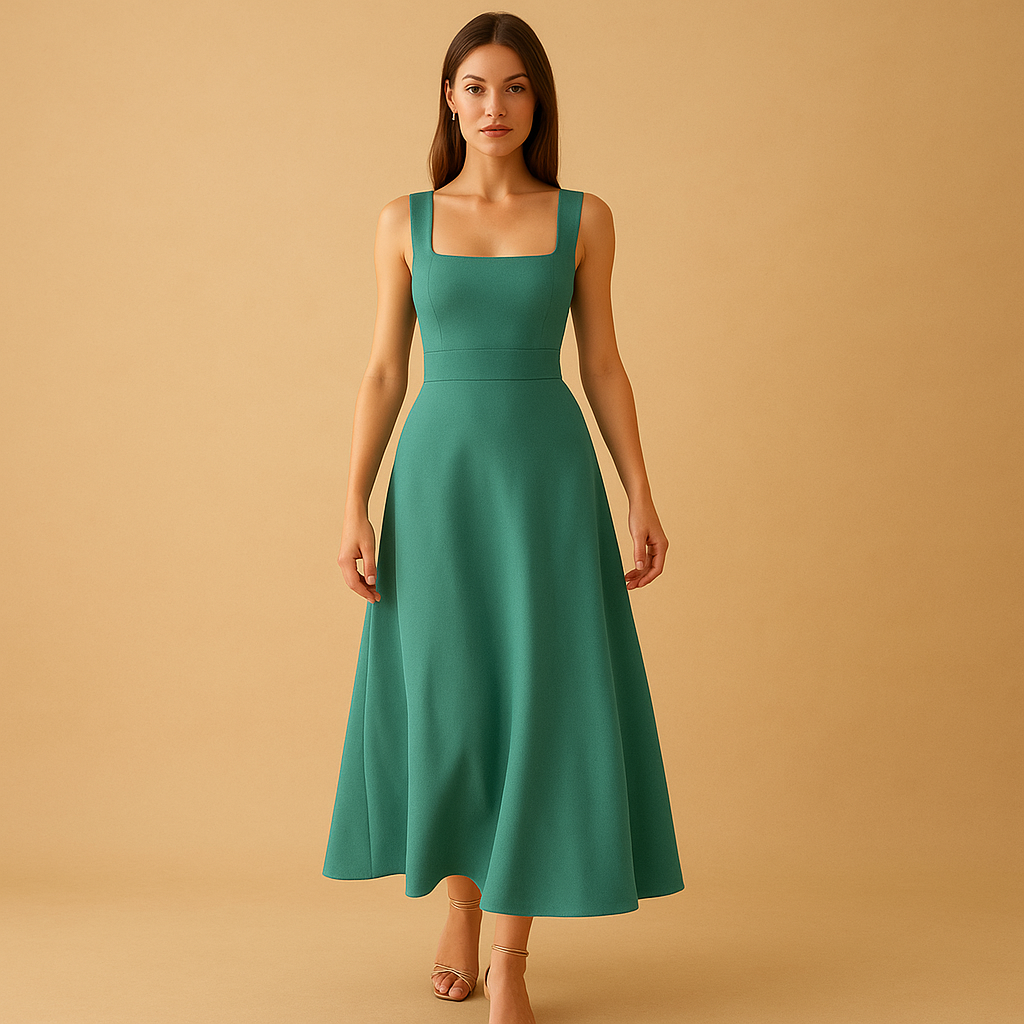Dames midi-jurk van katoenmix met vierkante hals, brede bandjes en vetersluiting in de taille, geschikt voor werk en vrije tijd.
