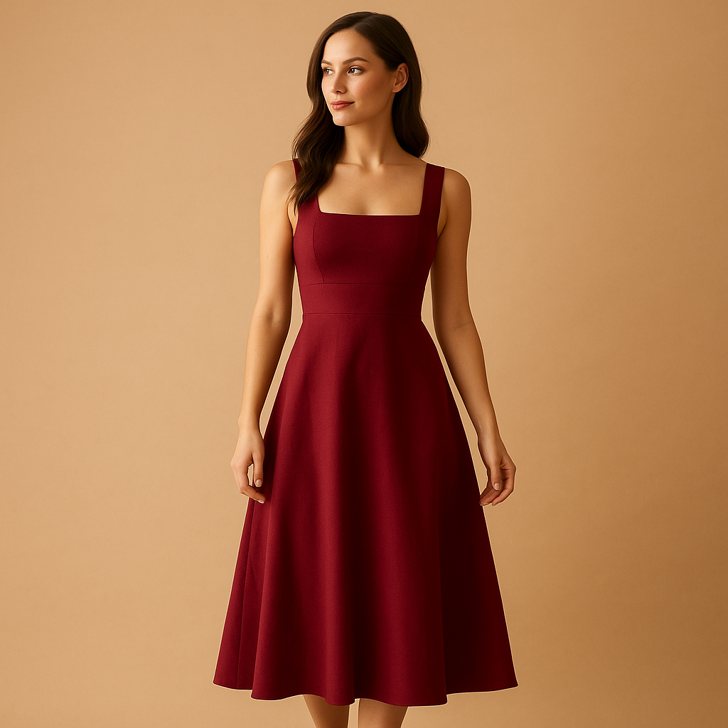 Dames midi-jurk van katoenmix met vierkante hals, brede bandjes en vetersluiting in de taille, geschikt voor werk en vrije tijd.