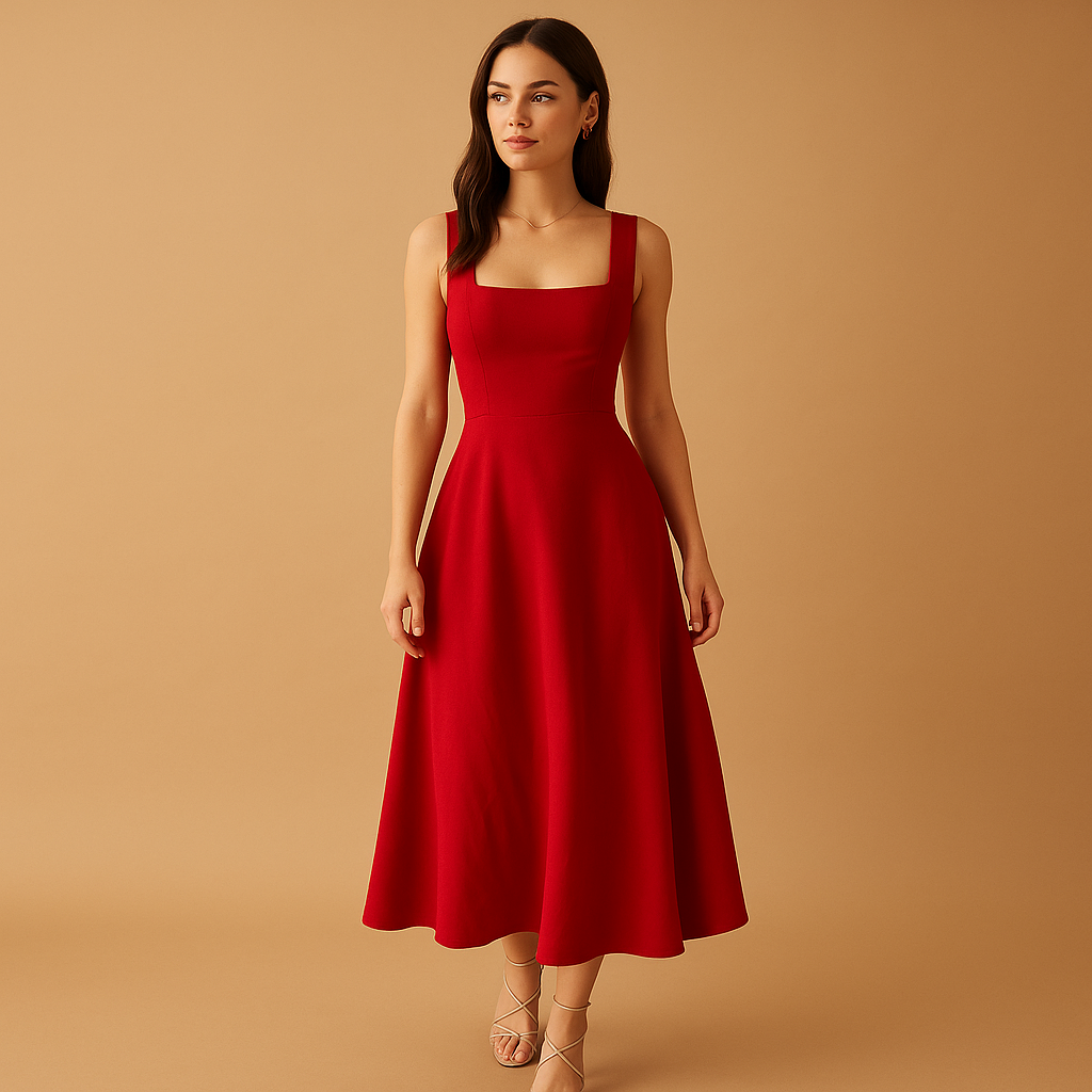 Dames midi-jurk van katoenmix met vierkante hals, brede bandjes en vetersluiting in de taille, geschikt voor werk en vrije tijd.
