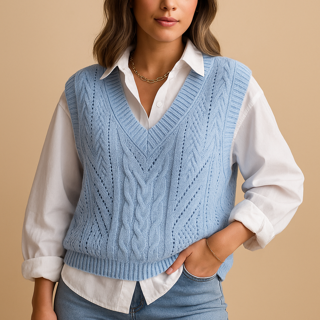 Mouwloos kabelgebreid V-hals vest voor dames met elegante pasvorm. Perfect voor laagjeslooks in lente en herfst in meerdere kleuren.