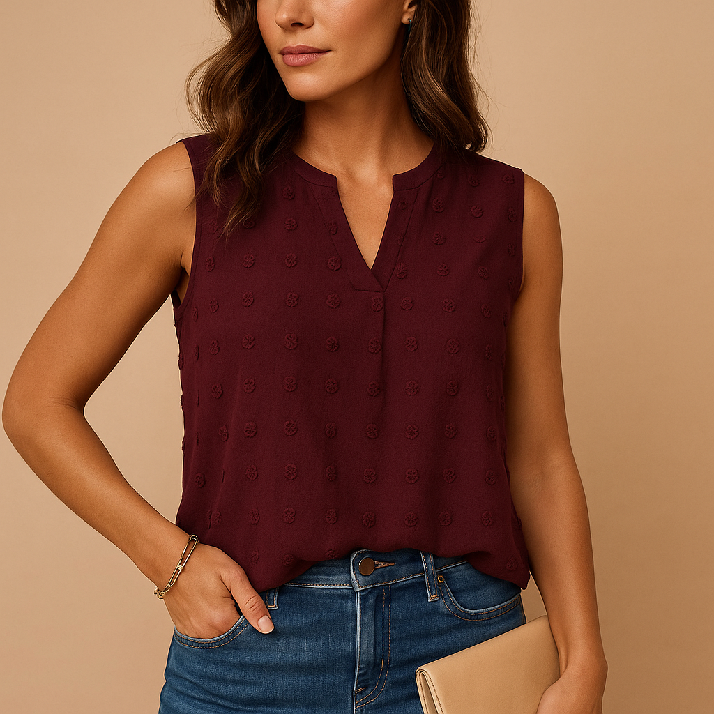 Dames top zonder mouwen met elegante V-hals en lichte pasvorm, perfect voor warme dagen en casual tot chique outfits