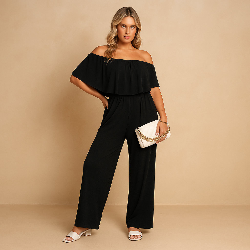 Luchtige off-shoulder zomer jumpsuit voor dames met los silhouet en comfortabele pasvorm, ideaal voor warme dagen en zomerse gelegenheden.