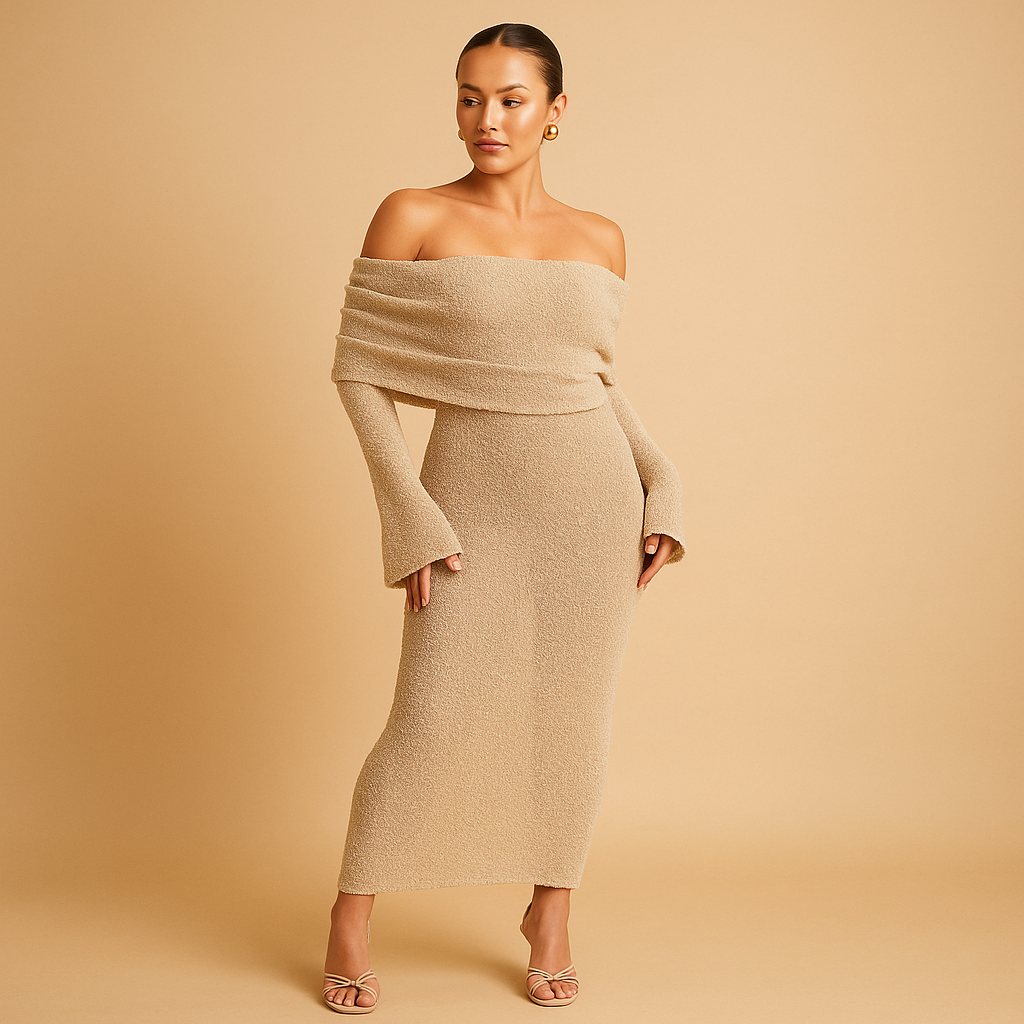 Elegante off-shoulder zomerjurk voor dames in khaki, zwart of wit, ideaal voor formele en informele zomerse gelegenheden.