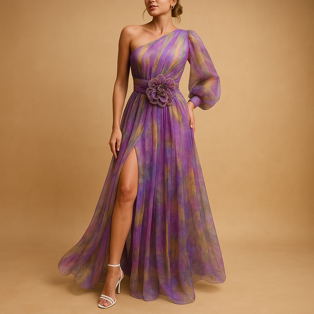 Stijlvolle one-shoulder strandjurk voor dames met asymmetrisch ontwerp en elegante split, ideaal voor zomeravonden en strandfeesten.