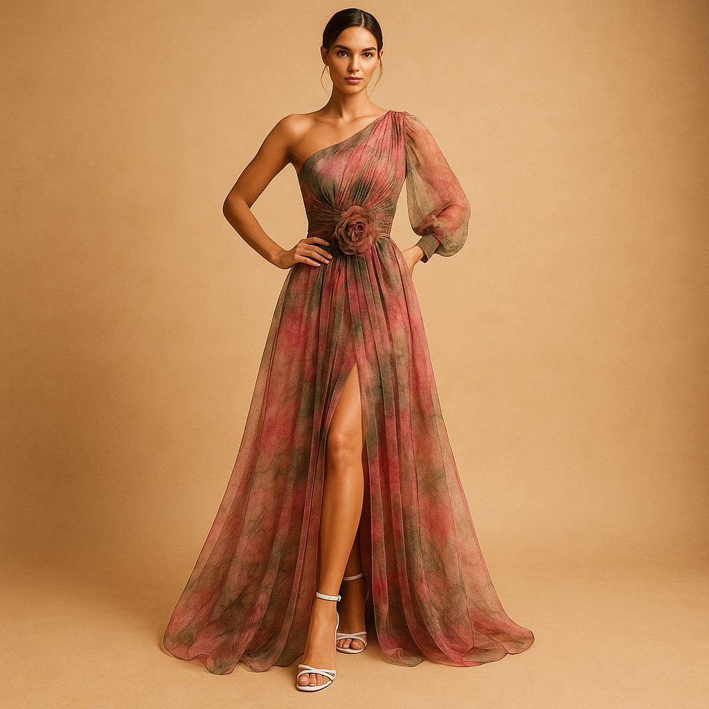 Stijlvolle one-shoulder strandjurk voor dames met asymmetrisch ontwerp en elegante split, ideaal voor zomeravonden en strandfeesten.