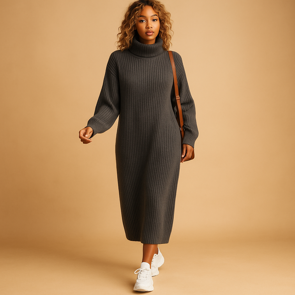 Oversized trui-jurk voor dames van zachte gebreide stof met lange mouwen, ideaal voor casual herfst- en winterlooks.