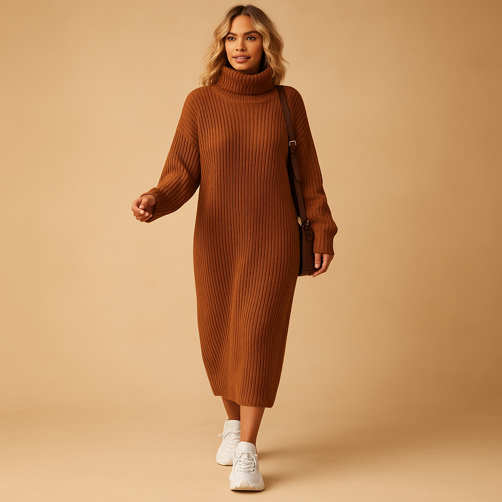 Oversized trui-jurk voor dames van zachte gebreide stof met lange mouwen, ideaal voor casual herfst- en winterlooks.