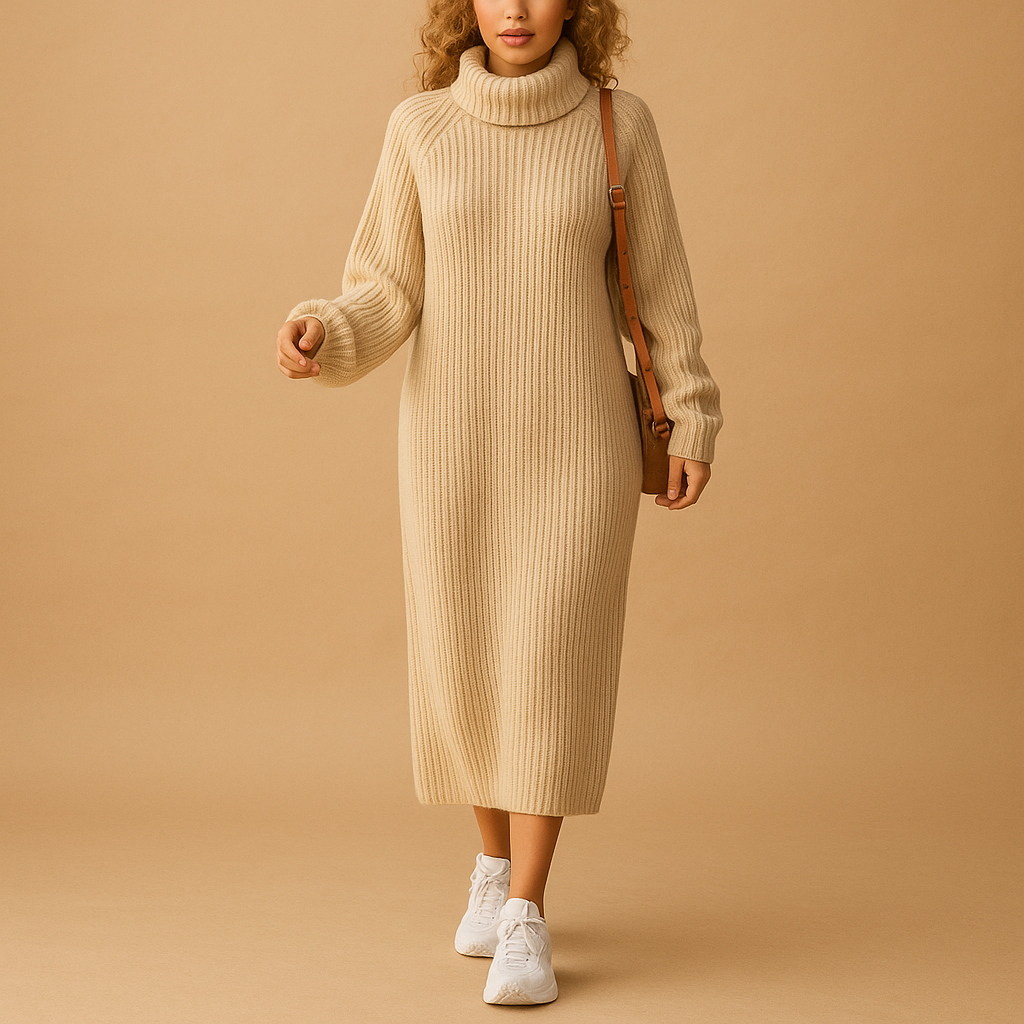 Oversized trui-jurk voor dames van zachte gebreide stof met lange mouwen, ideaal voor casual herfst- en winterlooks.