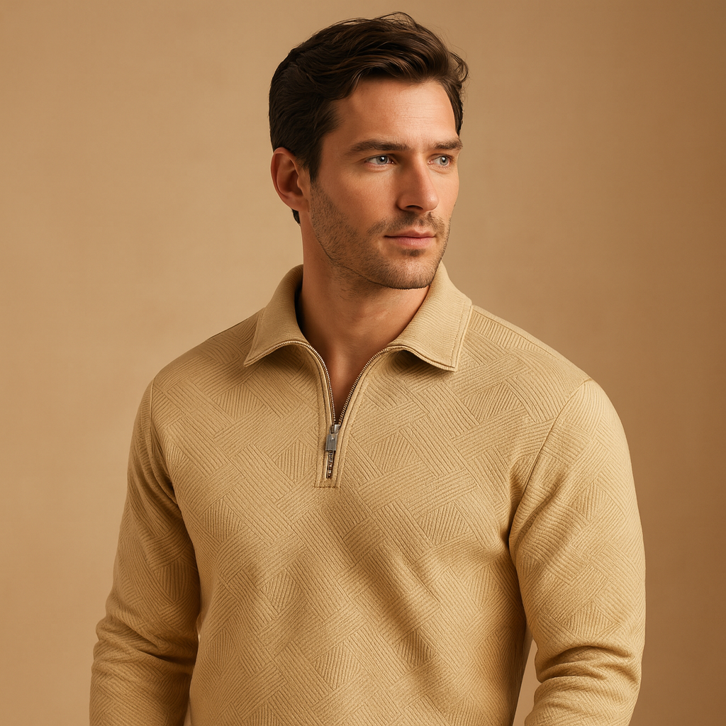 Polo trui met kwart rits en geometrische print voor heren, comfortabele pasvorm en stijlvol design. Perfect voor dagelijks gebruik en casual outfits.