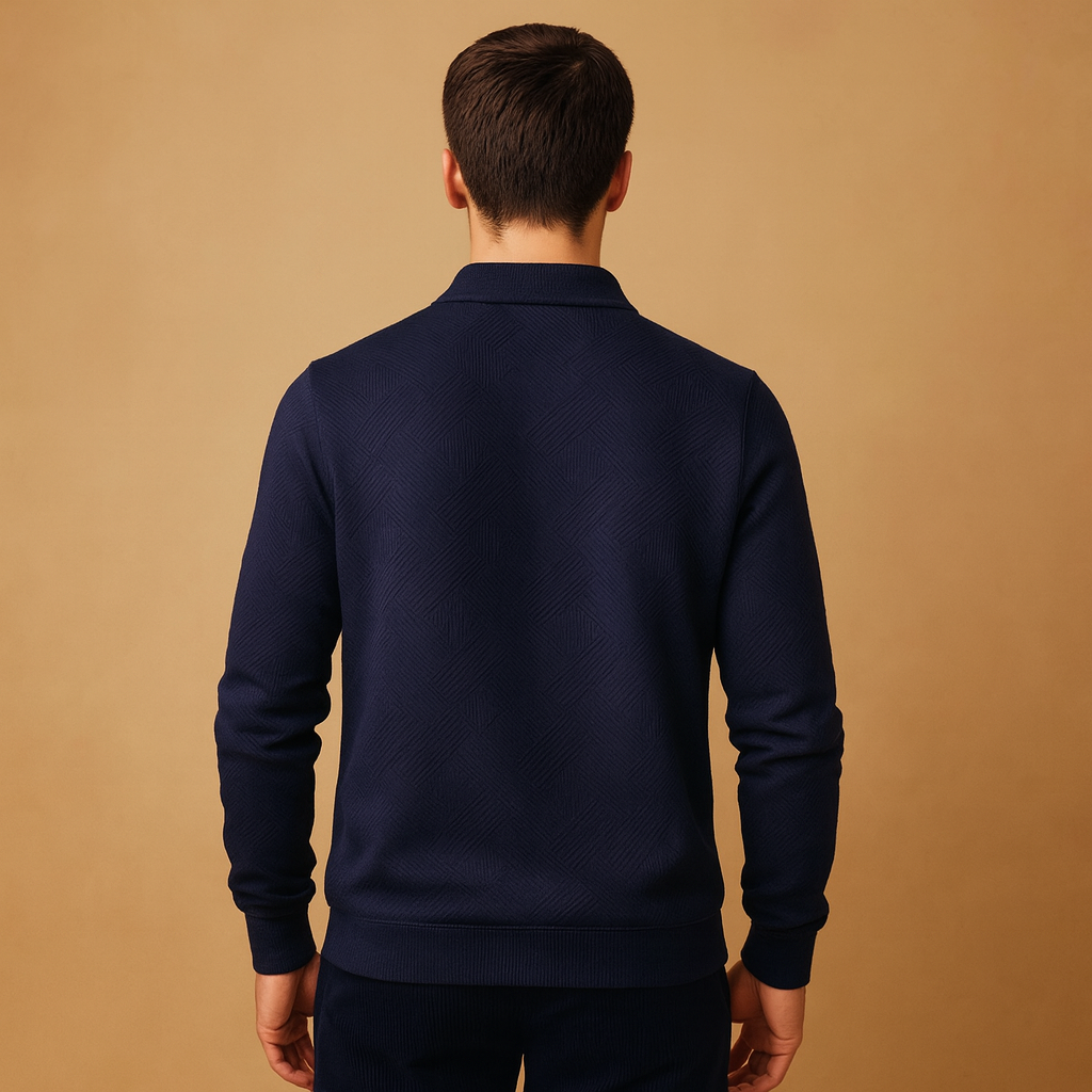 Polo trui met kwart rits en geometrische print voor heren, comfortabele pasvorm en stijlvol design. Perfect voor dagelijks gebruik en casual outfits.