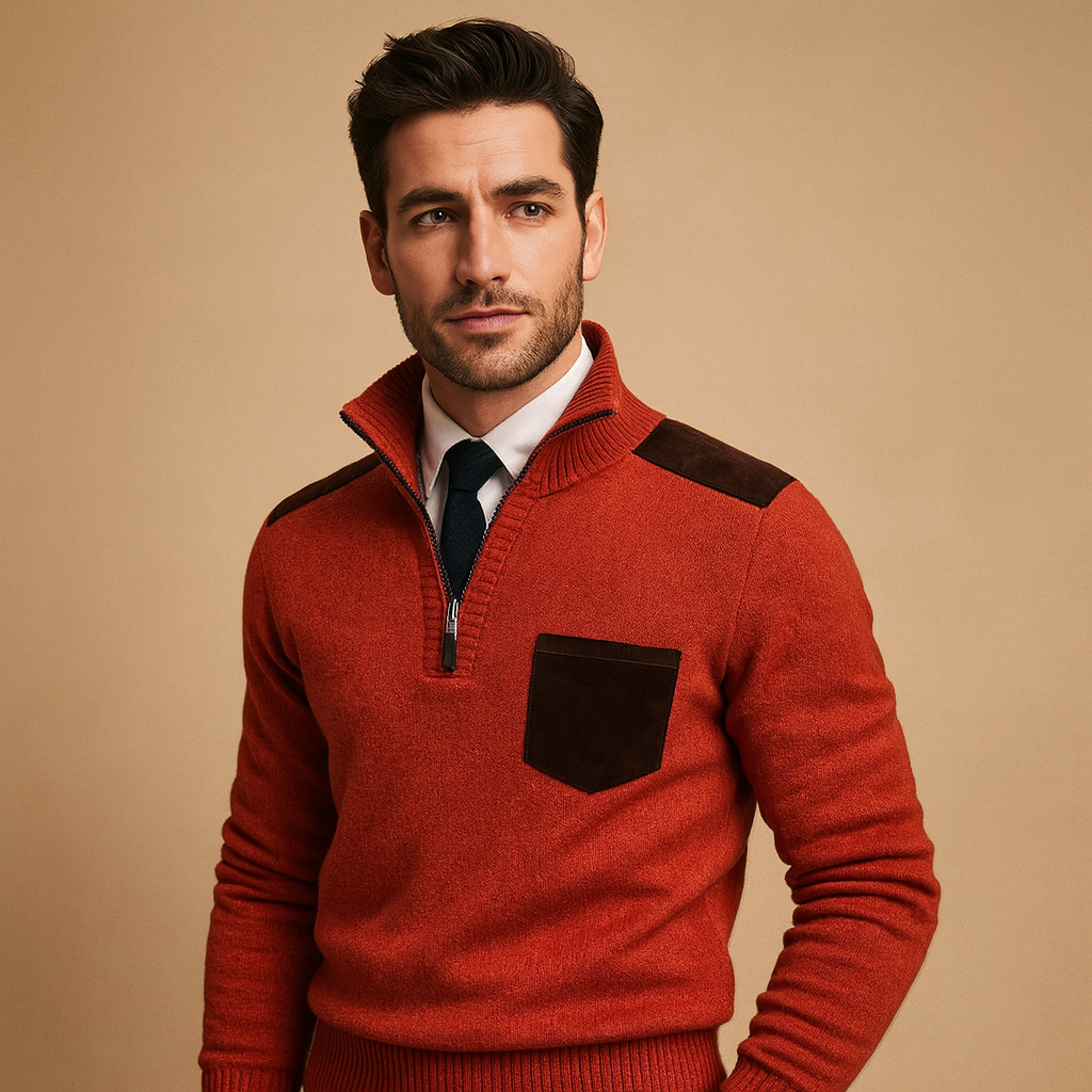 Pullover trui voor heren met kraag, halve rits en borstzak. Comfortabel en warm ontwerp, ideaal voor werk en vrije tijd in koude dagen.