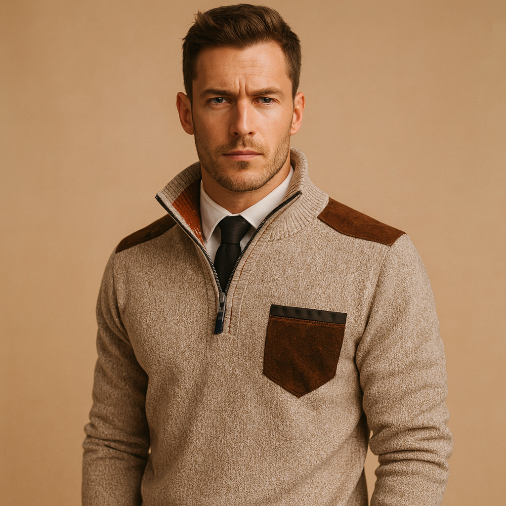 Pullover trui voor heren met kraag, halve rits en borstzak. Comfortabel en warm ontwerp, ideaal voor werk en vrije tijd in koude dagen.