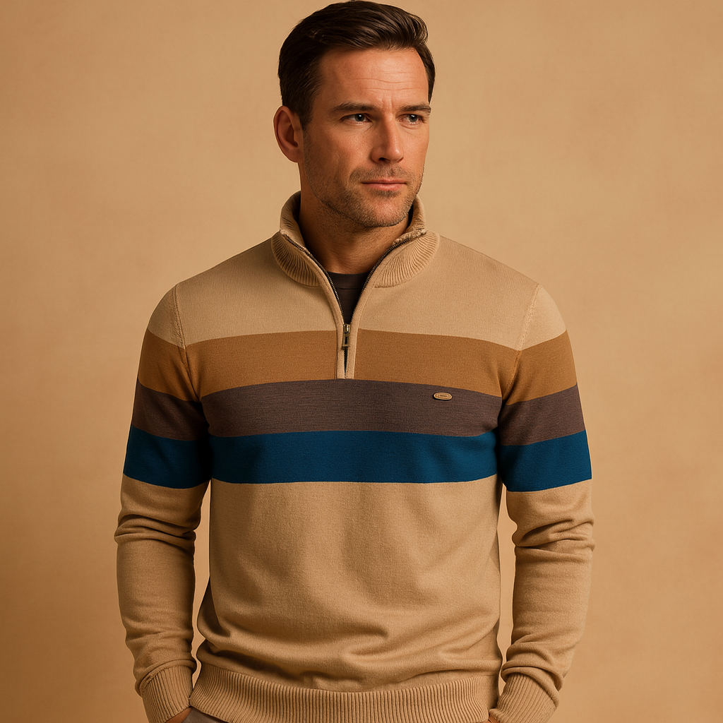 Retro gestreepte pullover met rits en kraagje voor heren, comfortabele pasvorm en stijlvol kleurendesign. Perfect voor dagelijks gebruik en casual outfits.