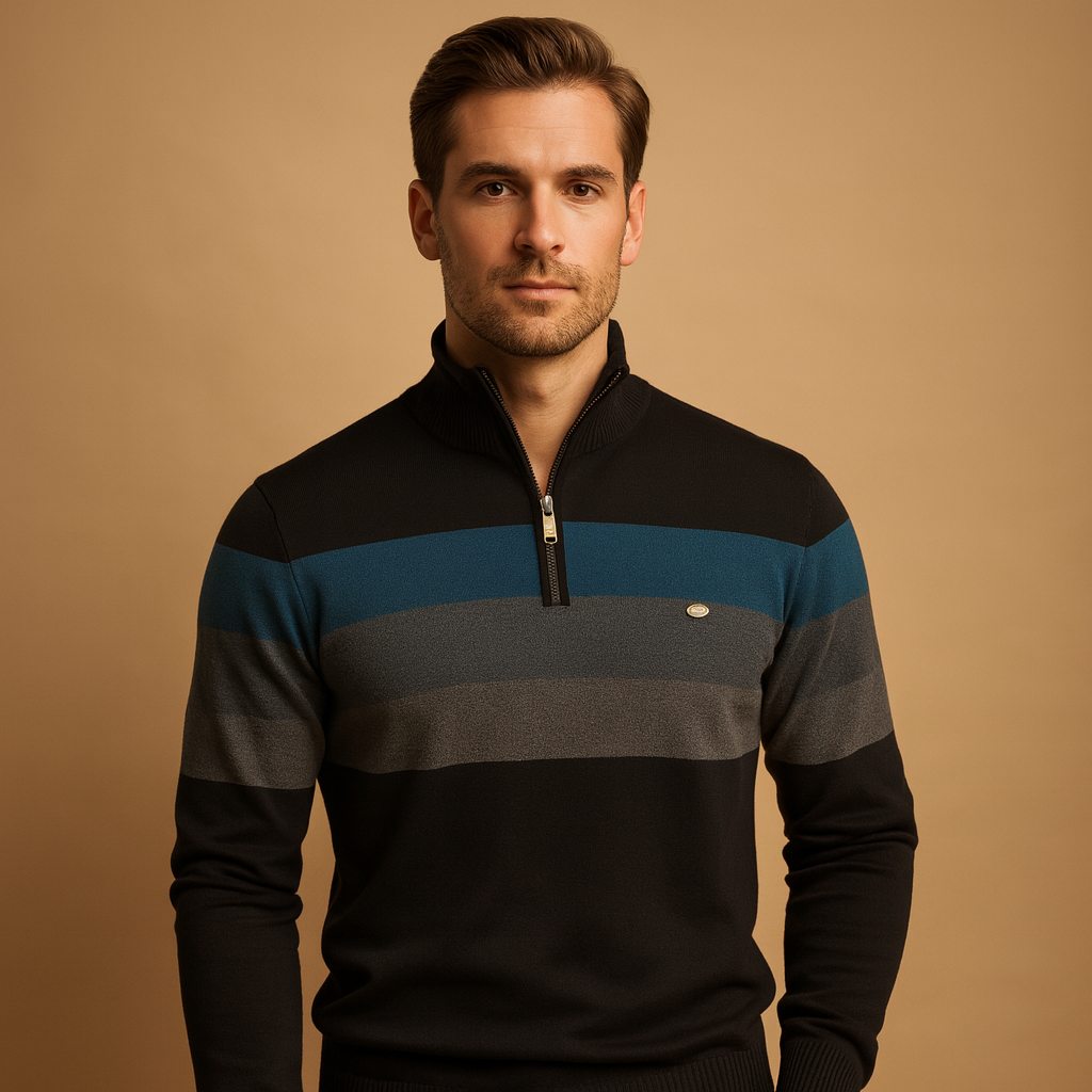 Retro gestreepte pullover met rits en kraagje voor heren, comfortabele pasvorm en stijlvol kleurendesign. Perfect voor dagelijks gebruik en casual outfits.