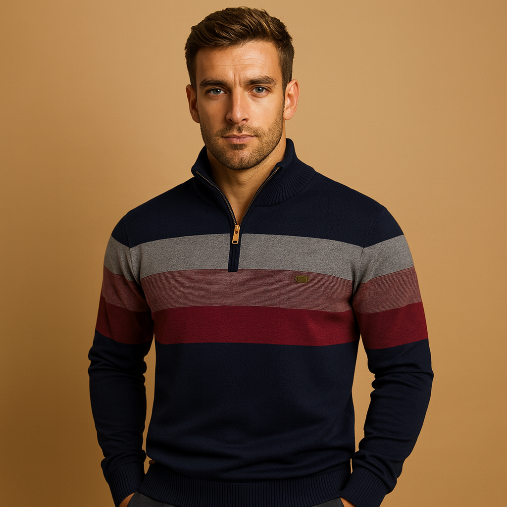 Retro gestreepte pullover met rits en kraagje voor heren, comfortabele pasvorm en stijlvol kleurendesign. Perfect voor dagelijks gebruik en casual outfits.