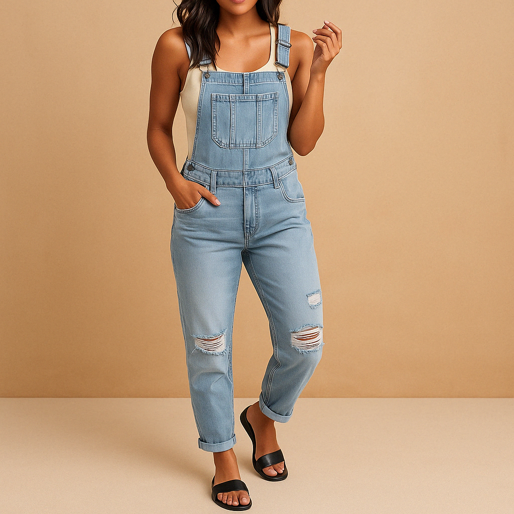 Dames denim overall met gescheurde details en verstelbare bandjes in grijs, lichtblauw en donkerblauw – ideaal voor streetwear of casual outfits