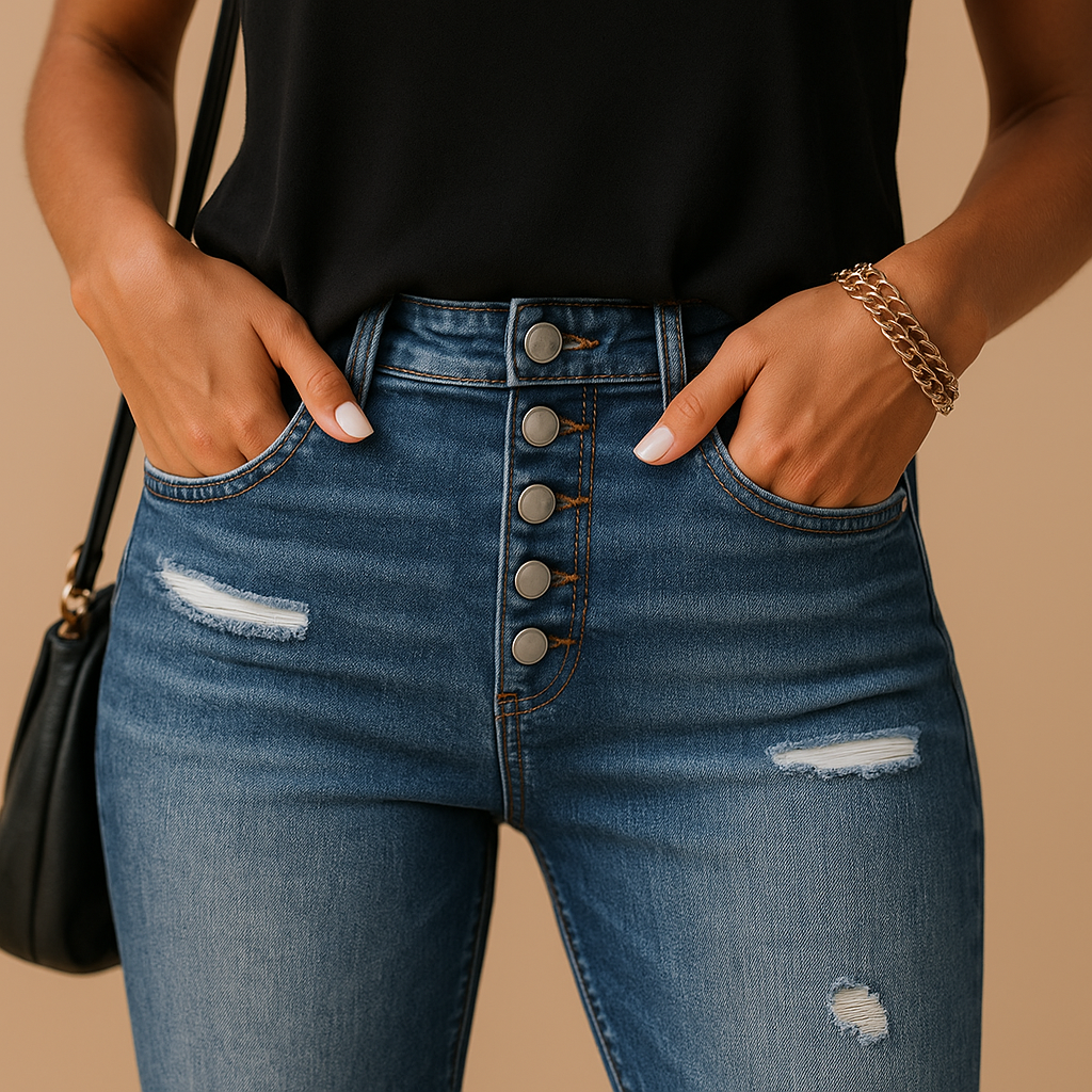 Dames slim fit jeans met ripped details, gemaakt van denim in een comfortabele stretchstof, perfect voor casual en trendy looks.