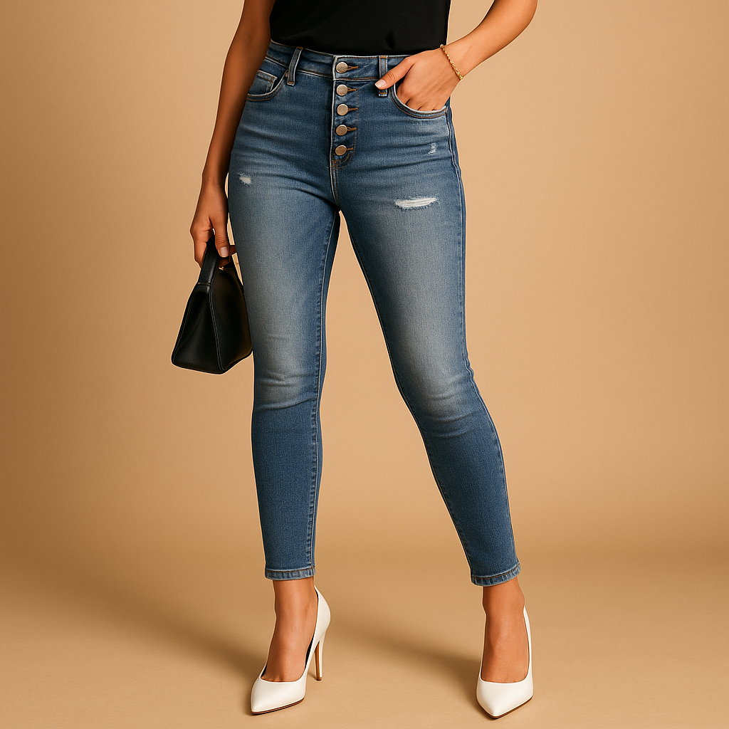 Dames slim fit jeans met ripped details, gemaakt van denim in een comfortabele stretchstof, perfect voor casual en trendy looks.