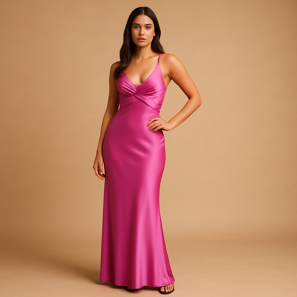 Satijnen avondjurk voor dames met halternek, nauwsluitend lijfje en elegante maxi-lengte, perfect voor bruiloften en formele evenementen.