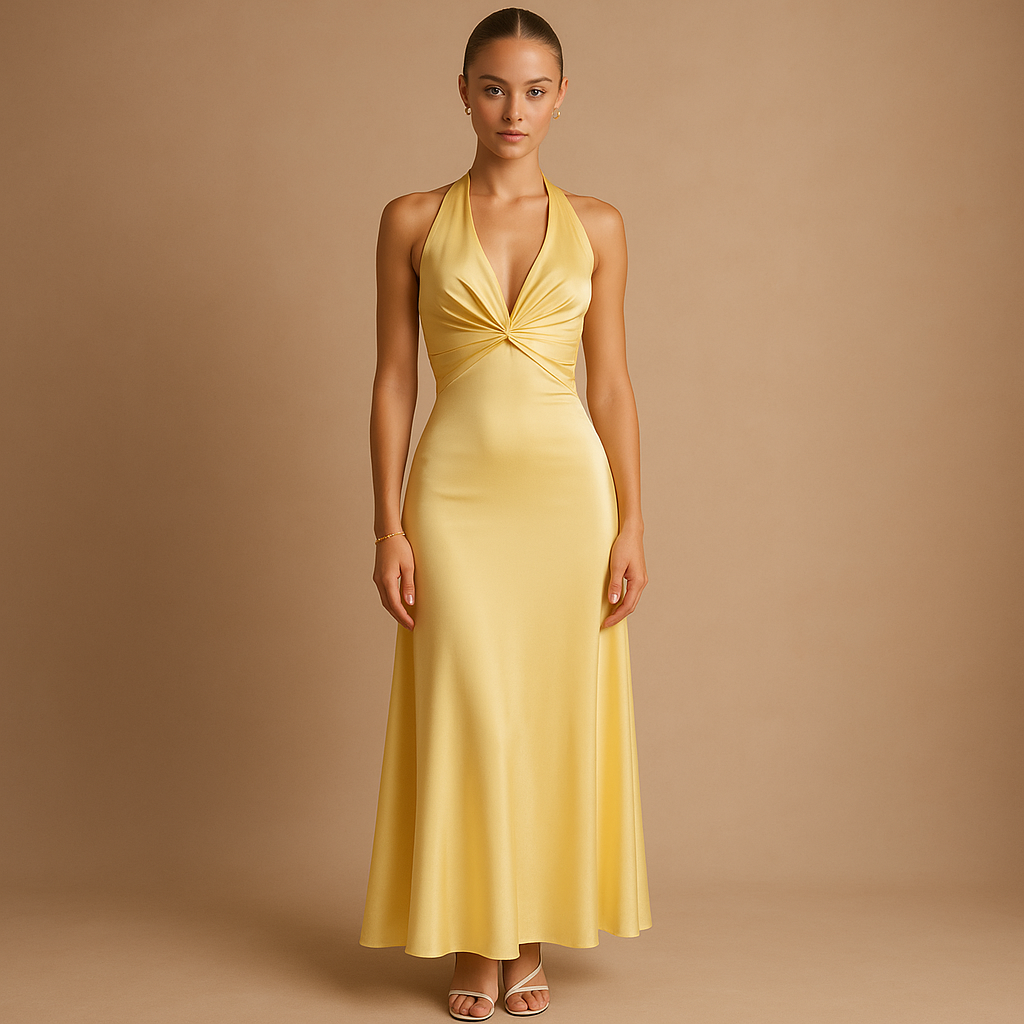 Satijnen avondjurk voor dames met halternek, nauwsluitend lijfje en elegante maxi-lengte, perfect voor bruiloften en formele evenementen.