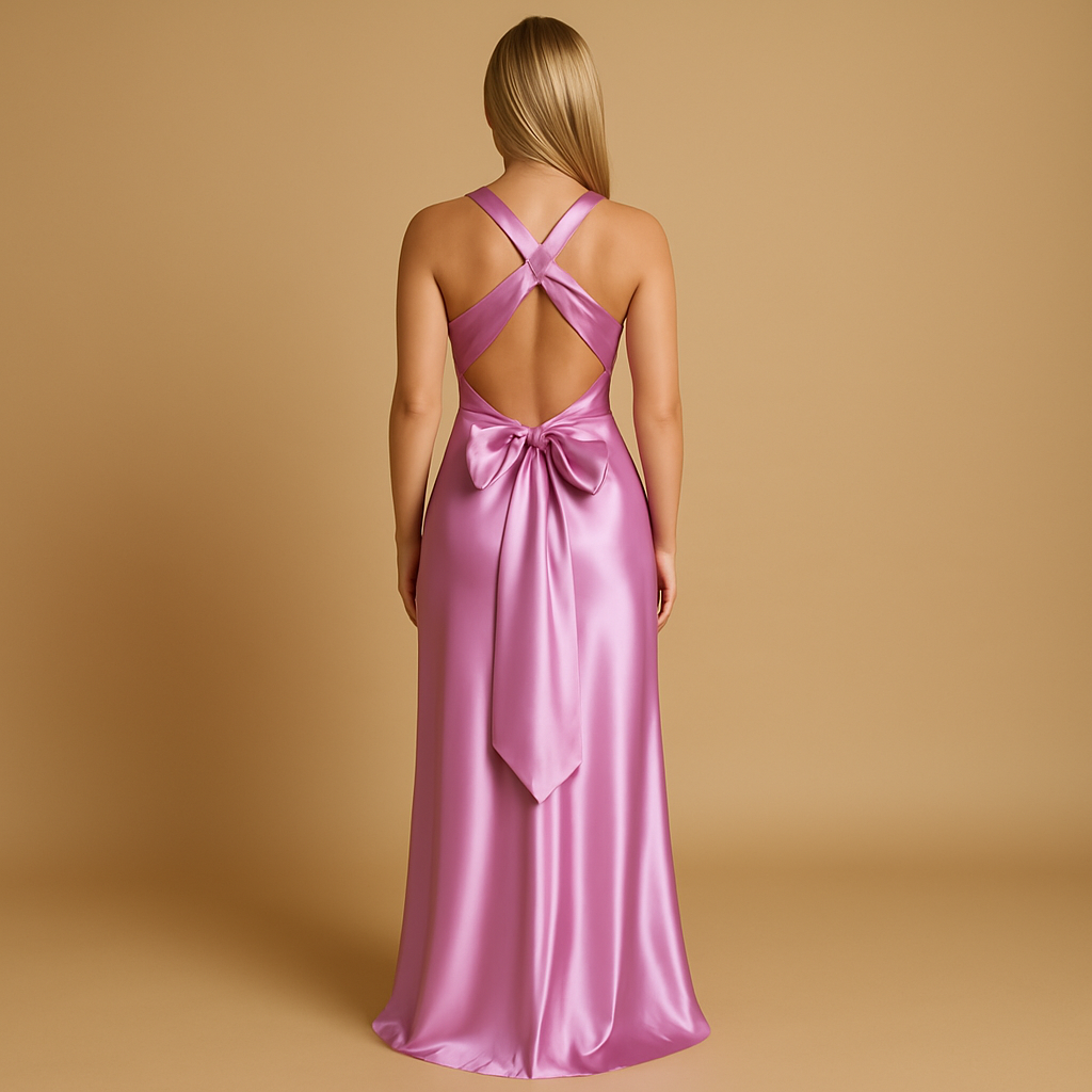 Satijnen avondjurk voor dames met halternek, nauwsluitend lijfje en elegante maxi-lengte, perfect voor bruiloften en formele evenementen.