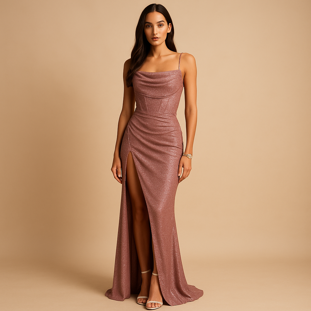 Satijnen corsetjurk voor dames met flatterende pasvorm, hoge split en luxe glans, perfect voor gala’s en formele evenementen.