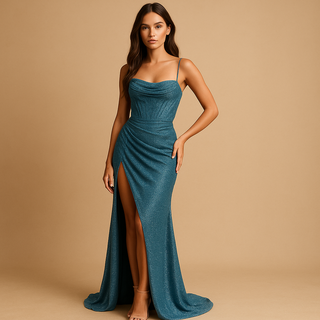 Satijnen corsetjurk voor dames met flatterende pasvorm, hoge split en luxe glans, perfect voor gala’s en formele evenementen.