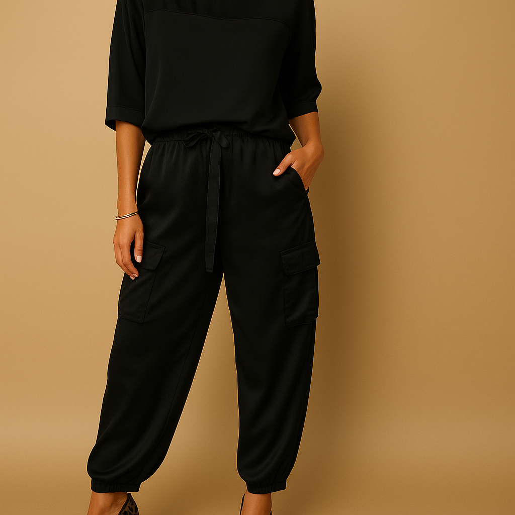 Dames satijnen set met glanzende top en rechte broek, ideaal voor thuis of elegante gelegenheden