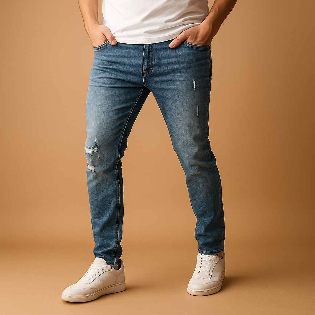 Slim fit herenjeans in blauw of grijs met gescheurd detail, gemaakt van duurzaam stretchdenim voor een stoere en comfortabele urban look.