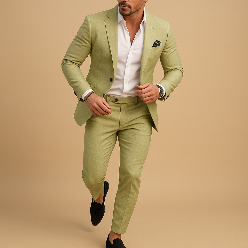 Slim fit herenpak met blazer en pantalon in diverse kleuren, perfect voor bruiloften en formele gelegenheden, met moderne pasvorm.