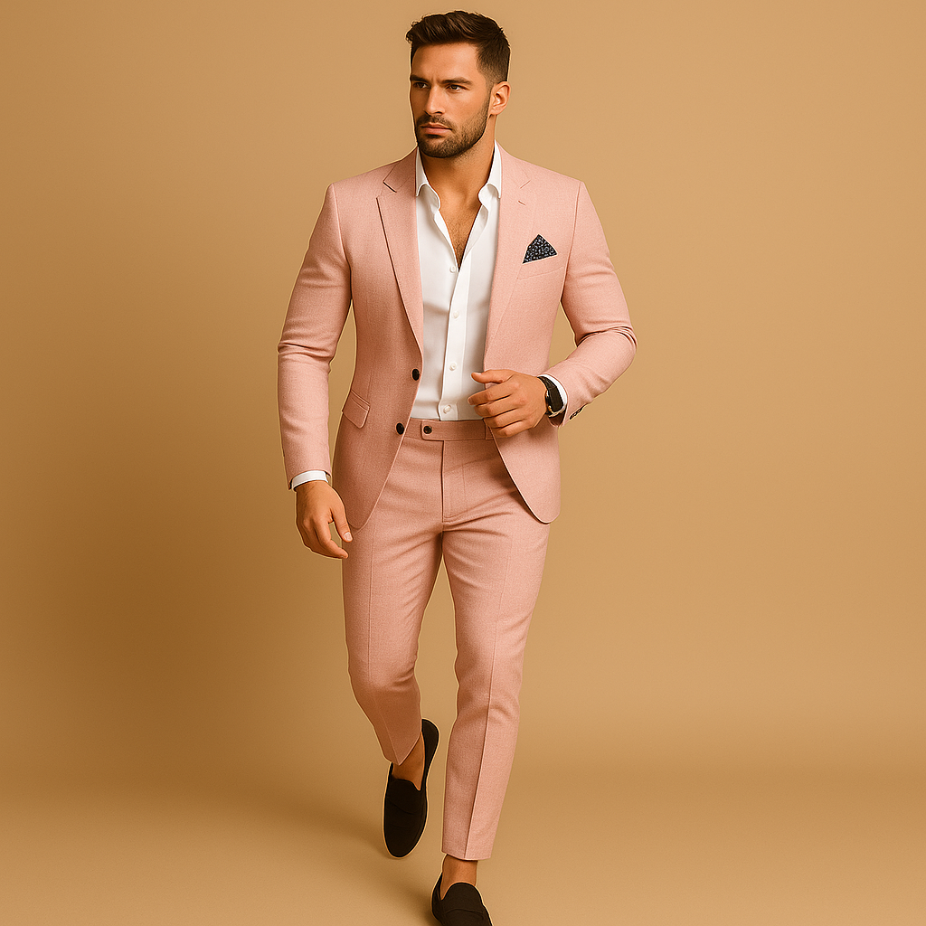 Slim fit herenpak met blazer en pantalon in diverse kleuren, perfect voor bruiloften en formele gelegenheden, met moderne pasvorm.