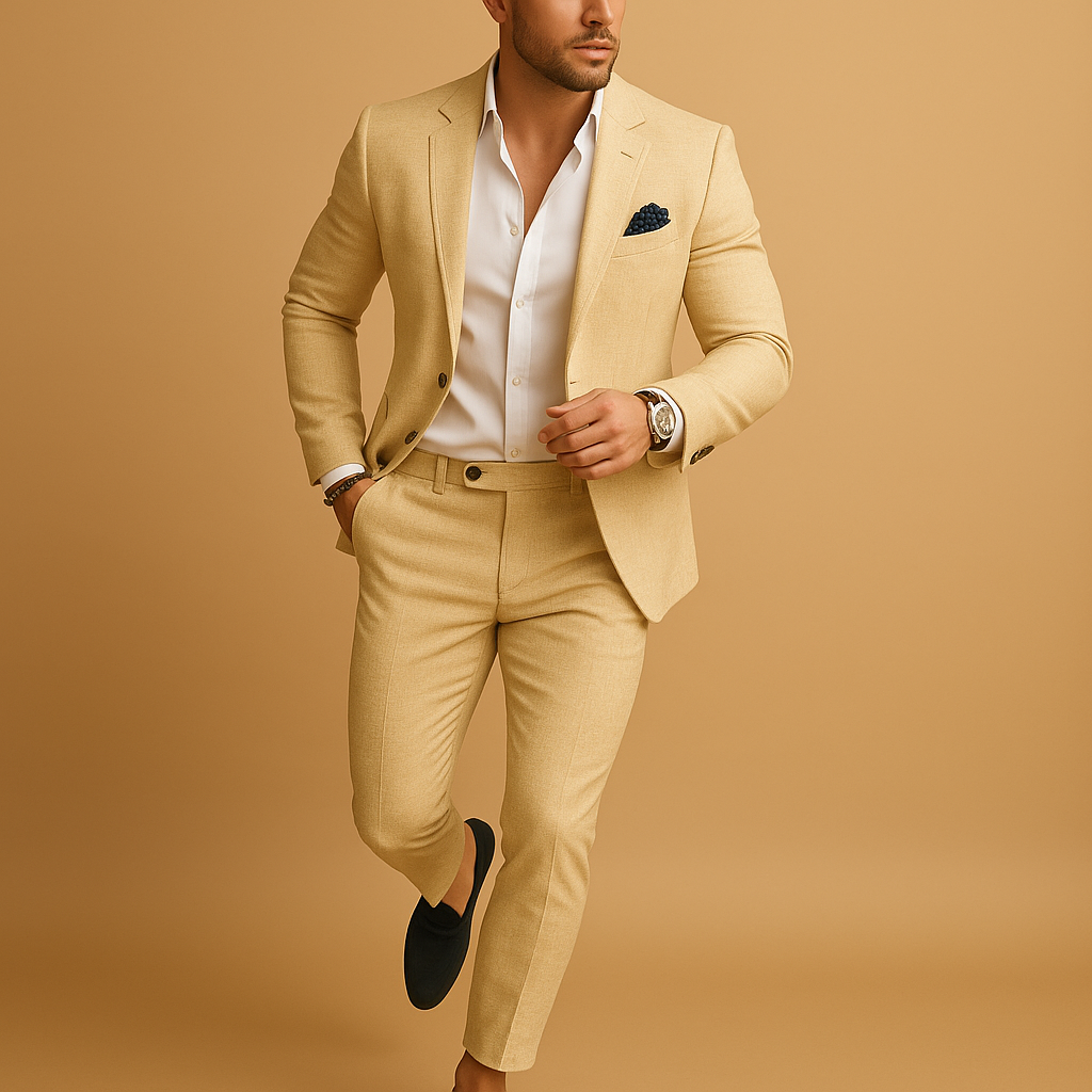 Slim fit herenpak met blazer en pantalon in diverse kleuren, perfect voor bruiloften en formele gelegenheden, met moderne pasvorm.