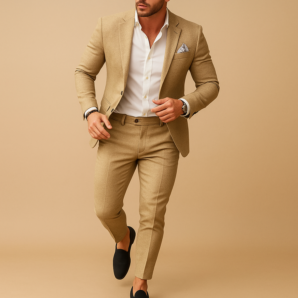 Slim fit herenpak met blazer en pantalon in diverse kleuren, perfect voor bruiloften en formele gelegenheden, met moderne pasvorm.