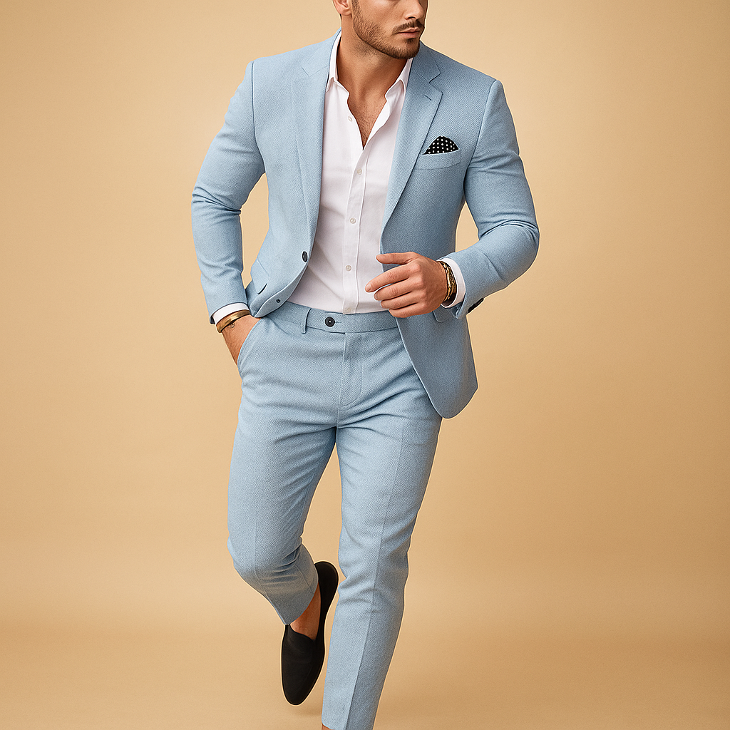 Slim fit herenpak met blazer en pantalon in diverse kleuren, perfect voor bruiloften en formele gelegenheden, met moderne pasvorm.