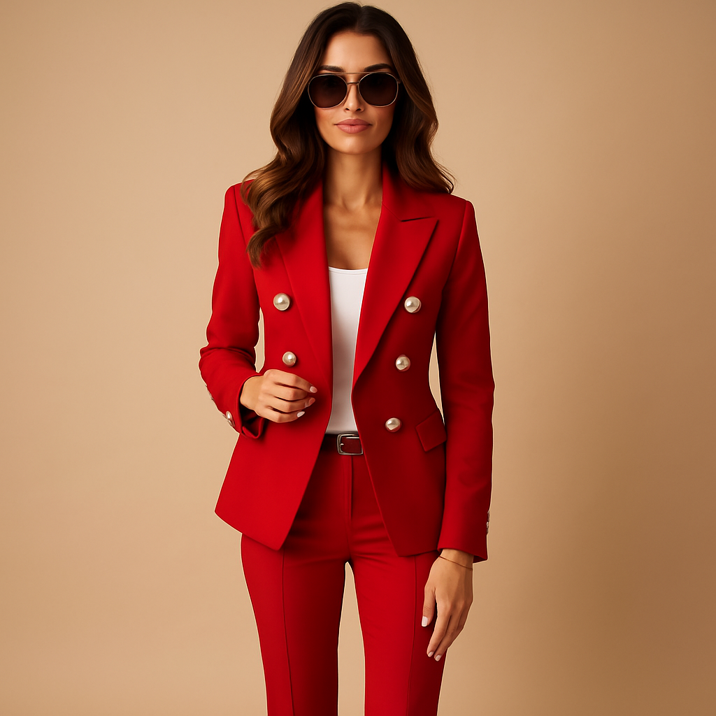 Elegant damespak met blazer en pantalon in zwart, rood of blauw – perfect voor formele en zakelijke gelegenheden.